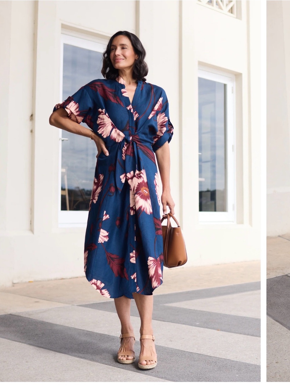 Tie-Front Floral Midi Dress in Navy and Pink